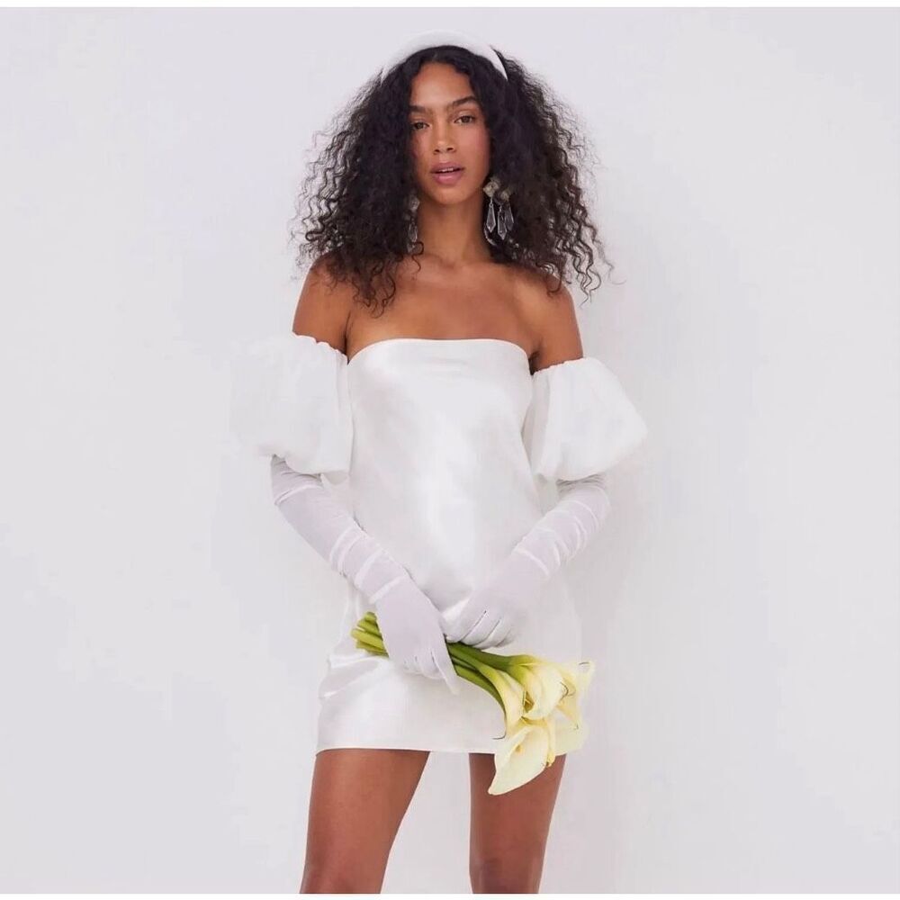 NWT For Love & Lemons Hazel White Satin Mini Dress With Gloves Size Large